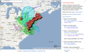 Google's Crisis Map displaying Hurricane Sandy data as of Monday morning