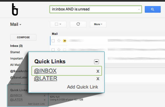 I use Quick Links in Google Mail to navigate easily to my two main mailboxes.