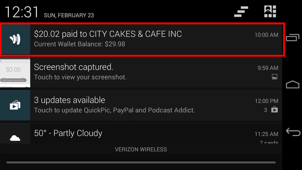 wallet notification highlighted
