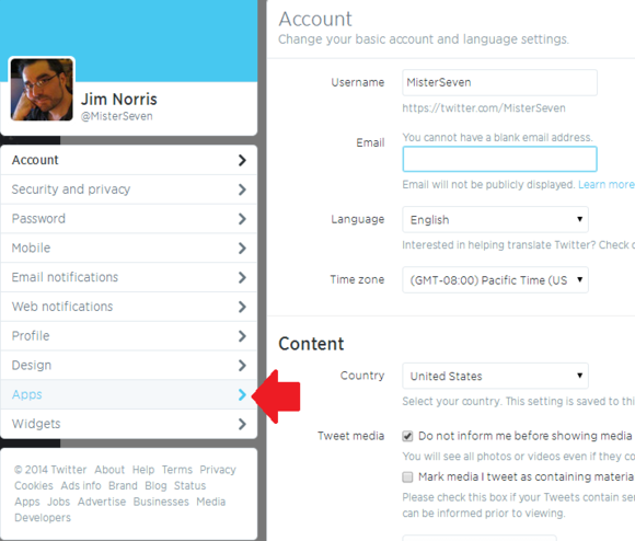 Twitter settings page