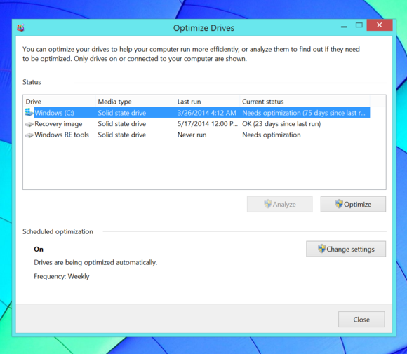 Windows 8 Optimize and defragment drives
