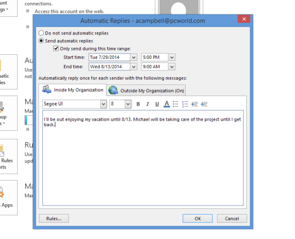 outlook 2013 automatic replies