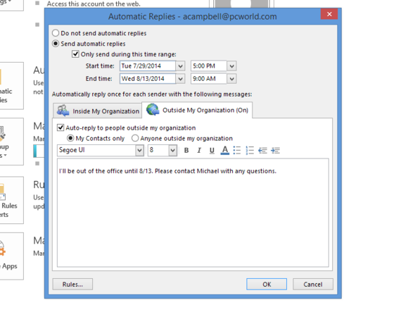 outlook 2013 automatic replies outside of organization