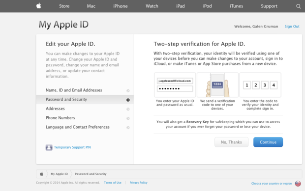 Enabling second-factor authentication for an Apple ID