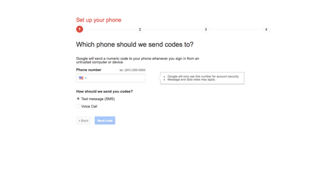 Enabling second-factor authentication for a Google account