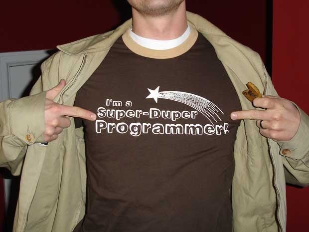 Man wearing a shirt that says I’m a super-duper programmer!