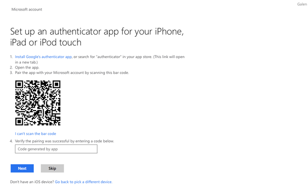 Enabling second-factor authentication for a Microsoft account