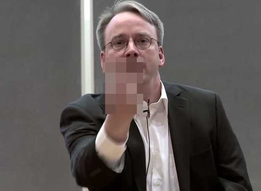Linus Torvalds giving the middle finger.