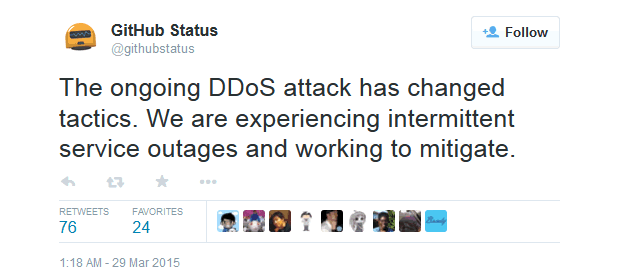 GitHub DDoS kicks up again tweet