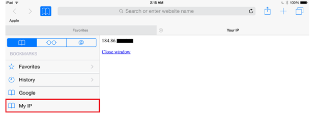 My IP bookmark running in Safari -- on an iPad