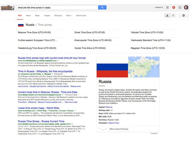 google direct answer time zones in russia