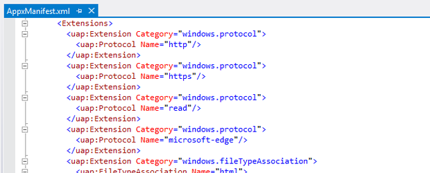 Visual Studio AppxManifest protocols