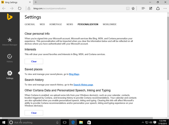 windows 10 cortana clear data from bing