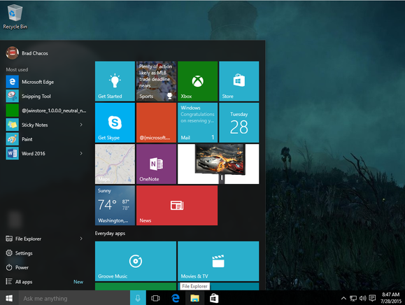 windows 10 start screen
