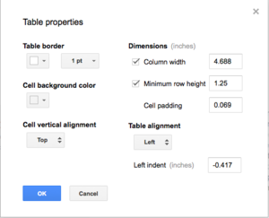 google docs table properties