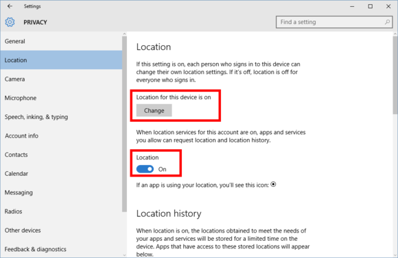 windows10 privacy settingslocation