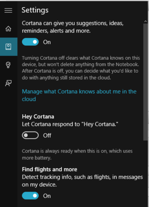 cortana settings