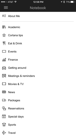 cortana notebook categories