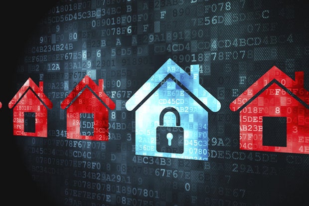 row of houses icons on computer screen with security locks