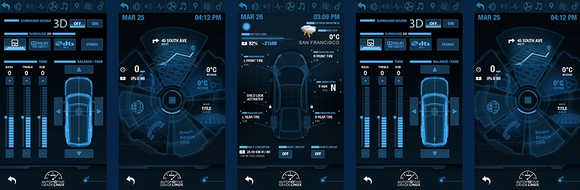 Various screens in the Automotive Grade Linux console.