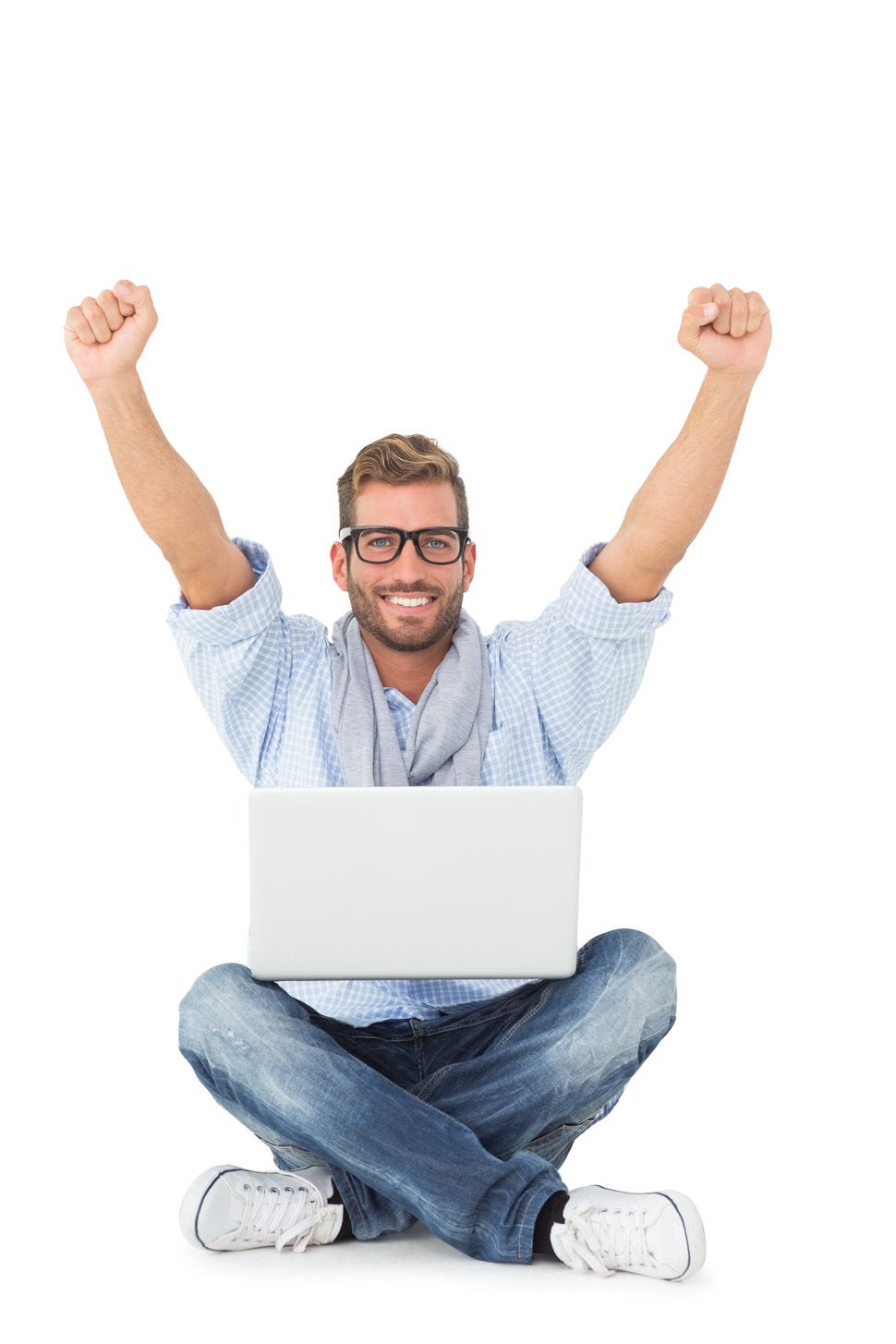 really happy guy sitting with laptop on lap