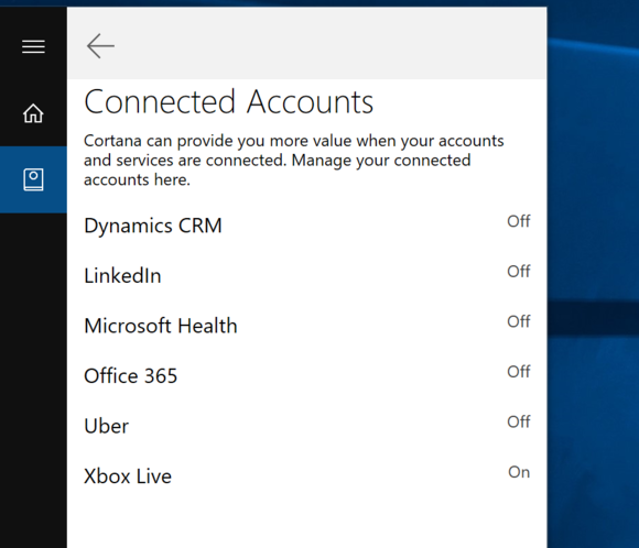 cortana connected accounts