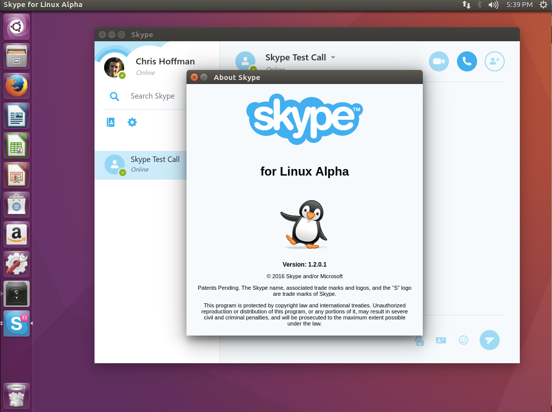 Skype for Linux Alpha's About screen.