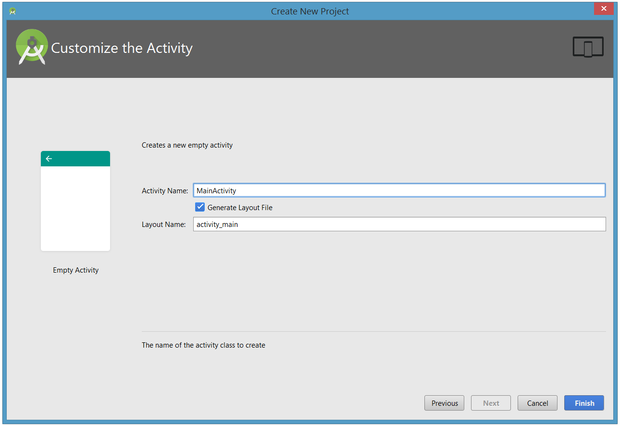 활동 이름을 선택하고, 레이아웃 파일이 생성 될 경우 레이아웃의 이름을 선택하십시오.