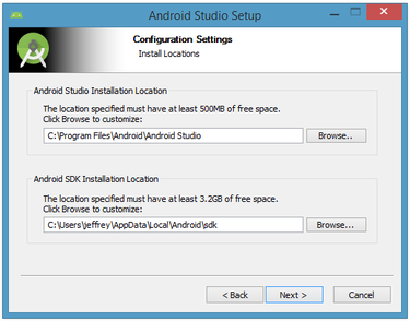 Android Studio 및 Android SDK 설치 위치를 설정합니다.