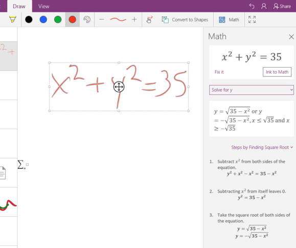 onenote math inking