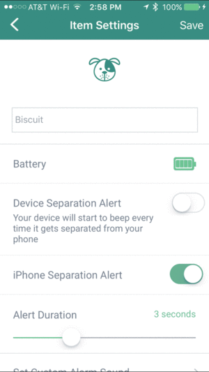 trackr iphone item settings