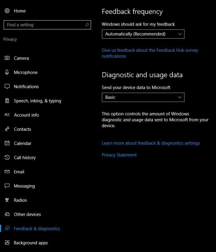 Win10 Creators Update: Diagnostic and usage data