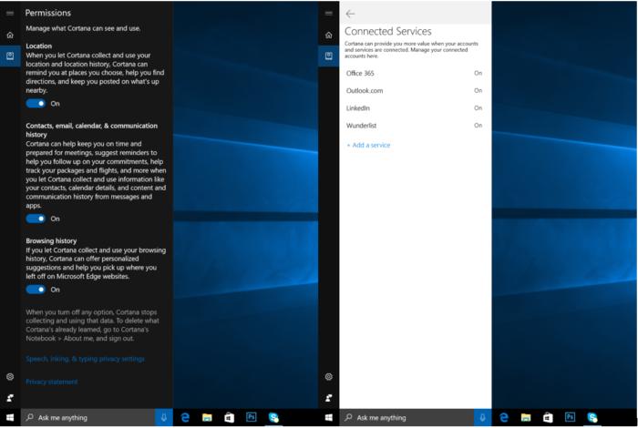 cortana permissions flyout