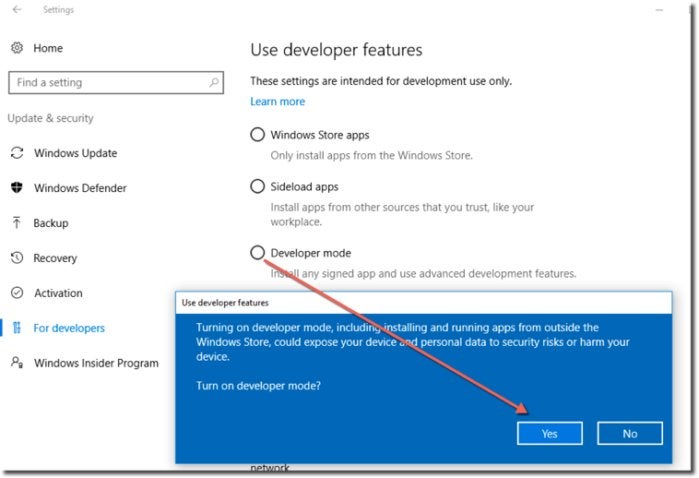 Windows 10: Developer mode
