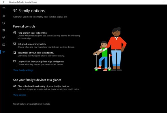 Windows 10 Creators Update windows defender family options