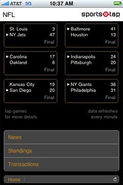 screene shot   of SportsTap on the Apple iPhone