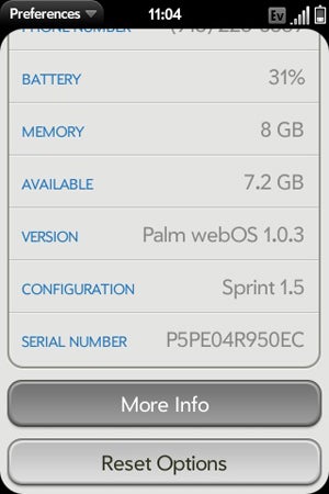 Palm Pre Device Info Screen Reset Options