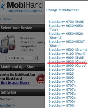 BlackBerry Curve 8930 device listing on Mobihand.com
