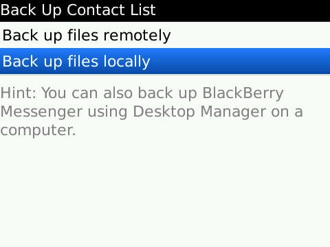 BBM Backup Options Screen