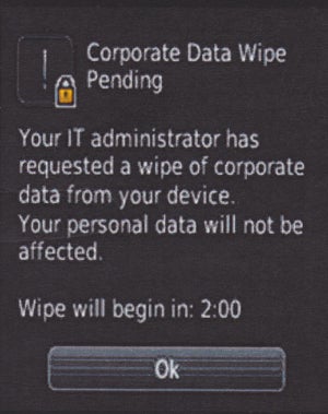 BlackBerry Balance Corporate Data Wipe Screen