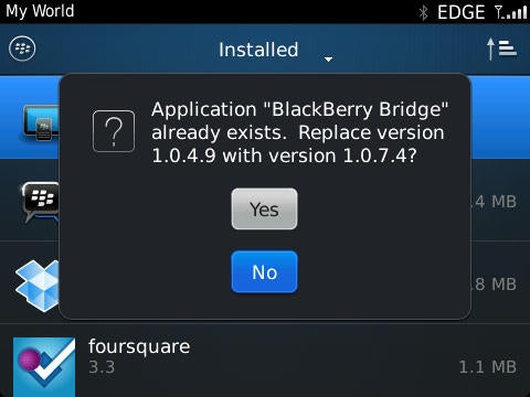 BlackBerry App World Update Prompt