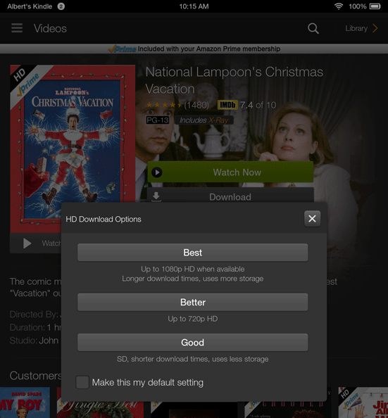 Amazon Instant Video Download Options on Kindle Fire HDX 8.9