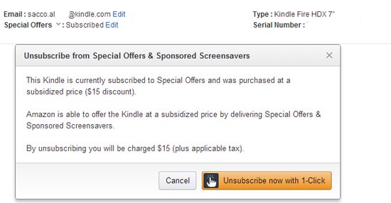 Amazon Kindle Fire 7 HDX special offers unsubscribe