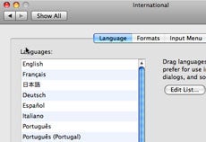 Selecting language preferences in the International pane