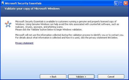 Microsoft Security Essentials won't install unless users prove they're running a legitimate copy of Windows.