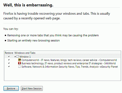 Firefox can't re-open all the tabs after a crash