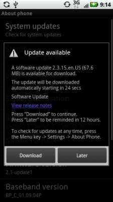 After about five minutes, Froyo downloaded, with the Droid X showing the download progress.