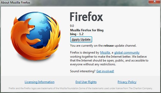 Mozilla Firefox 9 update box