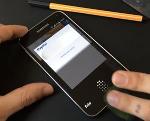 Screen grab of SRLabs hacking Galaxy S5 fingerprint scanner, spoofed fingerprint grants access to PayPal