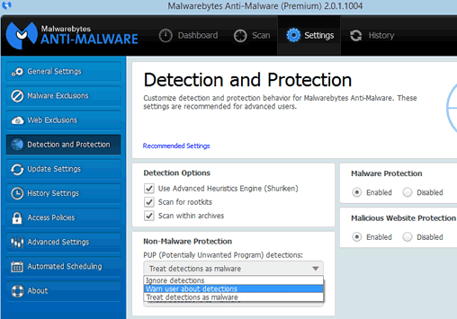 Malwarebytes Anti-Malware protection, detection, change settings